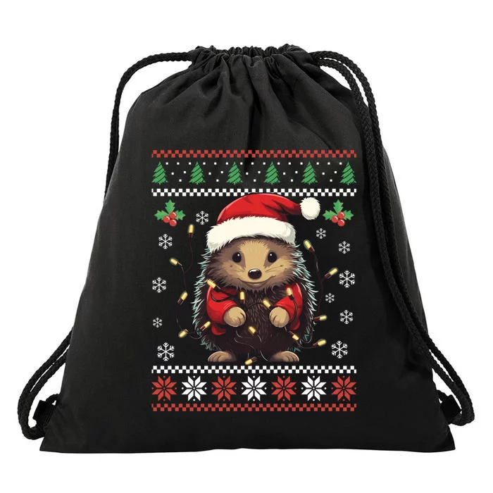 Hedgehog Ugly Christmas Sweater Xmas Drawstring Bag