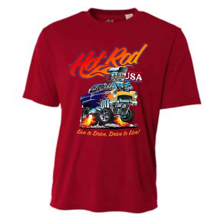 Hotrod Usa Classic Muscle Car Cartoon Race Car Funny Car Cooling Performance Crew T-Shirt