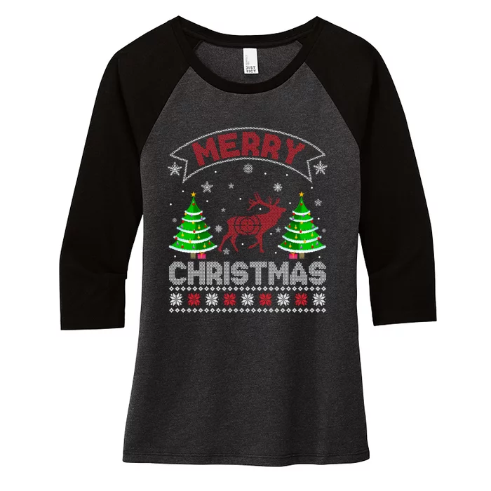 Hunting Ugly Christmas Funny Gift Xmas Tree Lighting Deer Women's Tri-Blend 3/4-Sleeve Raglan Shirt