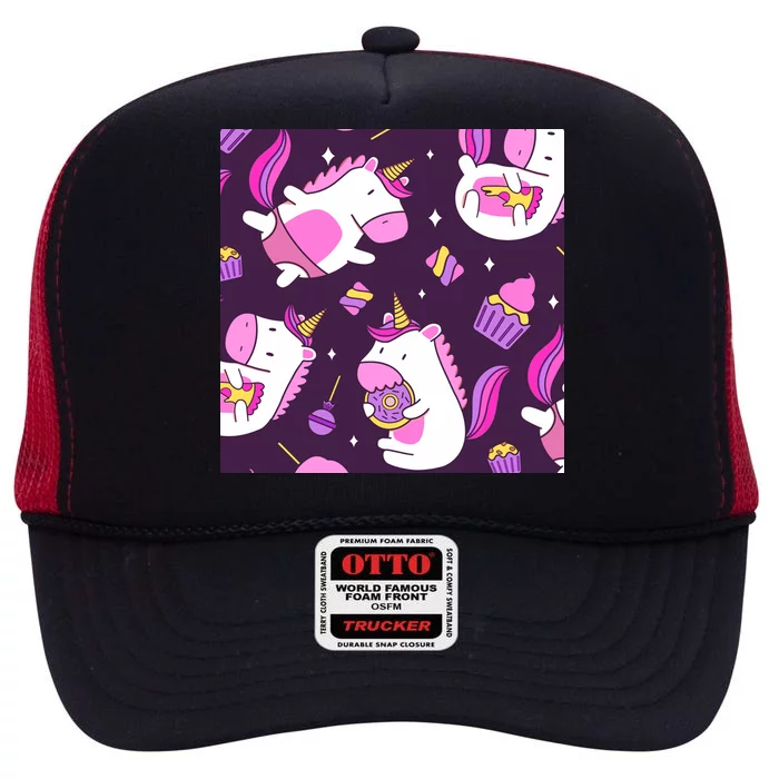 Happy Unicorn Dessert Lover Pattern High Crown Mesh Trucker Hat