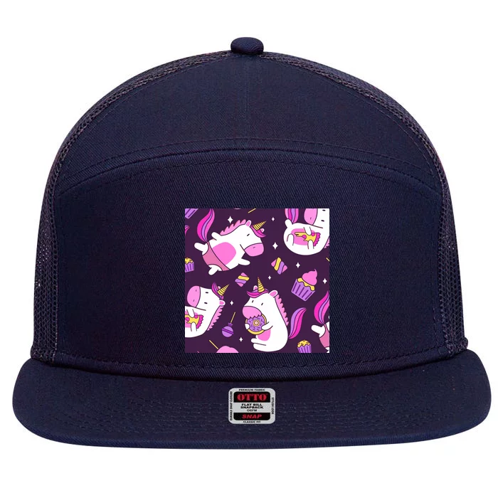 Happy Unicorn Dessert Lover Pattern 7 Panel Mesh Trucker Snapback Hat