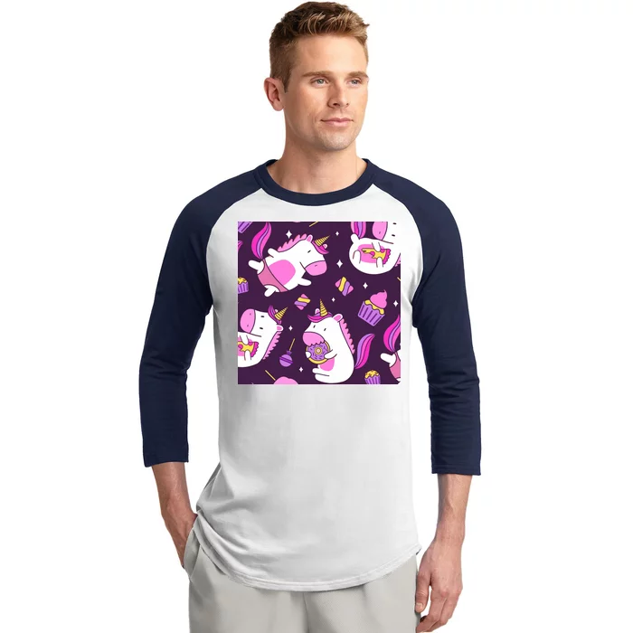 Happy Unicorn Dessert Lover Pattern Baseball Sleeve Shirt