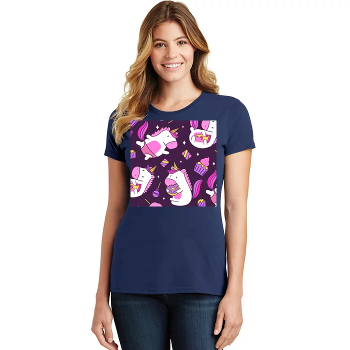 Happy Unicorn Dessert Lover Pattern Women's T-Shirt