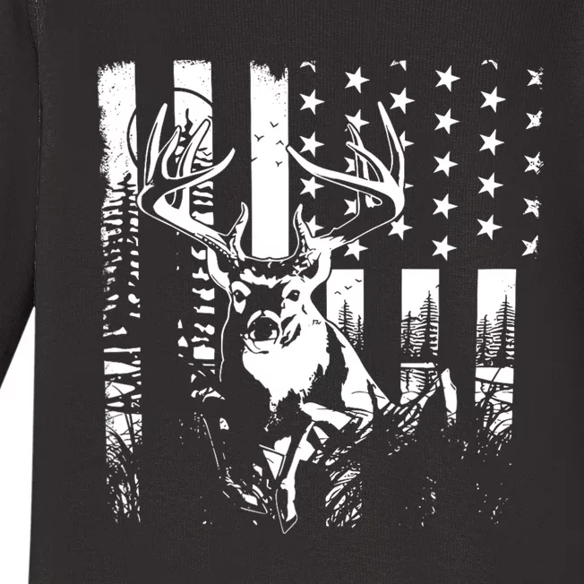 Hunting Us Flag Deer Elk Buck Camoflage Hunter Dad Gift Baby Long Sleeve Bodysuit