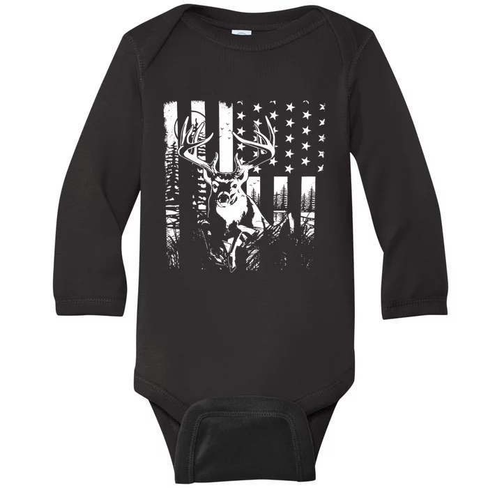 Hunting Us Flag Deer Elk Buck Camoflage Hunter Dad Gift Baby Long Sleeve Bodysuit