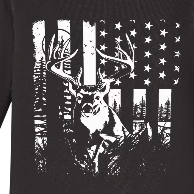 Hunting US Flag Deer Elk Buck Camoflage Hunter Dad Gift Baby Long Sleeve Bodysuit