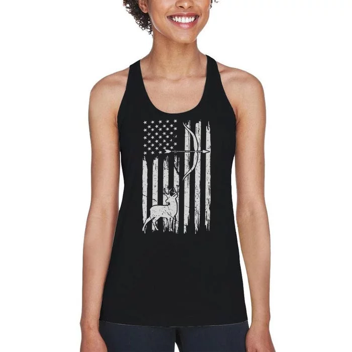 Hunter Usa Flag Hunting Deer Hunt Compound Bow Women's Racerback Tank