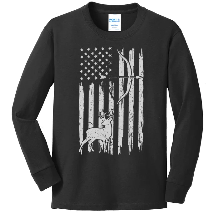 Hunter Usa Flag Hunting Deer Hunt Compound Bow Kids Long Sleeve Shirt