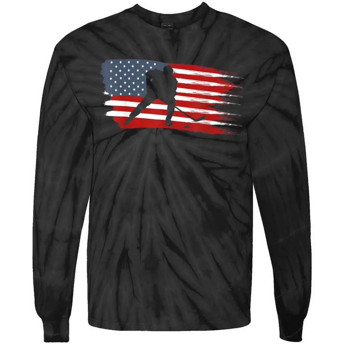 Hockey USA Flag American Flag Patriotic Ice Hockey Tie-Dye Long Sleeve Shirt