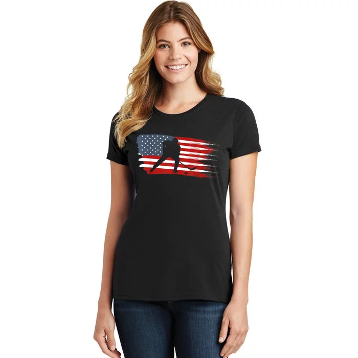 Hockey USA Flag American Flag Patriotic Ice Hockey Women's T-Shirt