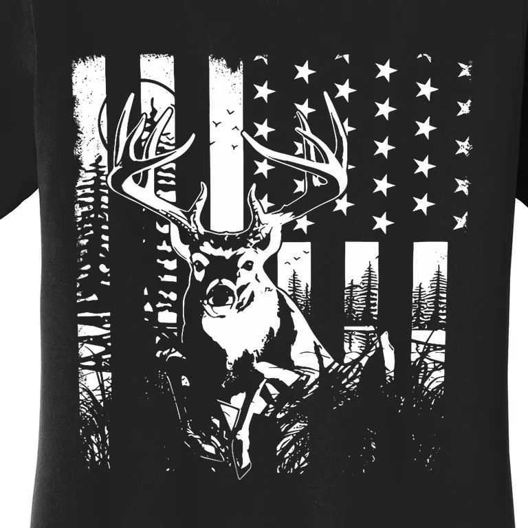 Hunting Us Flag Deer Elk Buck Camoflage Hunter Dad Gift Women's T-Shirt