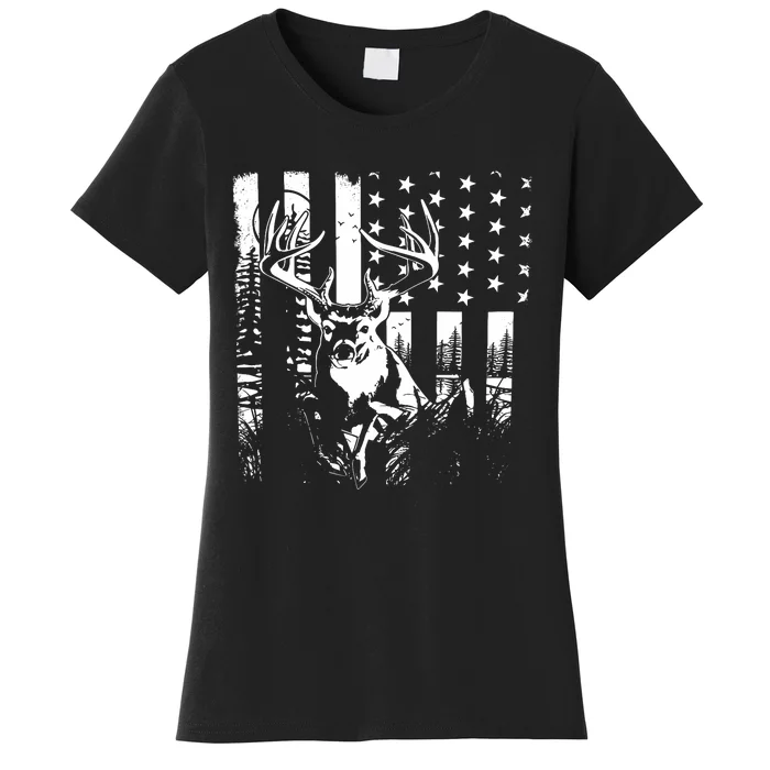 Hunting Us Flag Deer Elk Buck Camoflage Hunter Dad Gift Women's T-Shirt