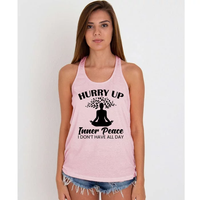 Hurry Up Inner Peace Funny Yoga Peace Summer Namaste Gift Women's Knotted Racerback Tank