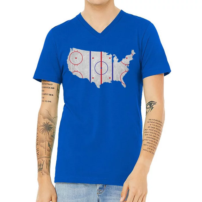 Hockey USA Map V-Neck T-Shirt