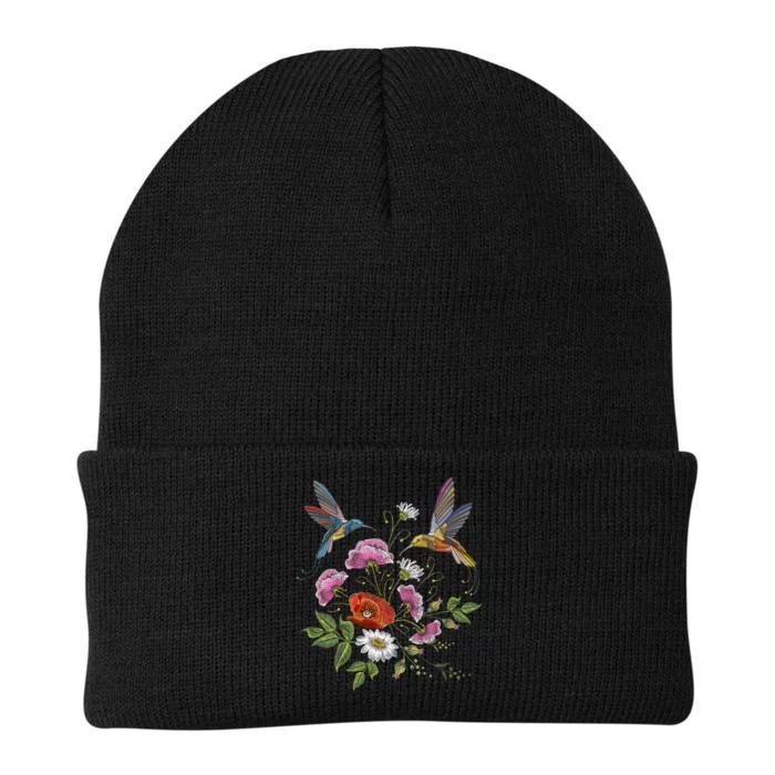 Humming Birds Flowers Knit Cap Winter Beanie