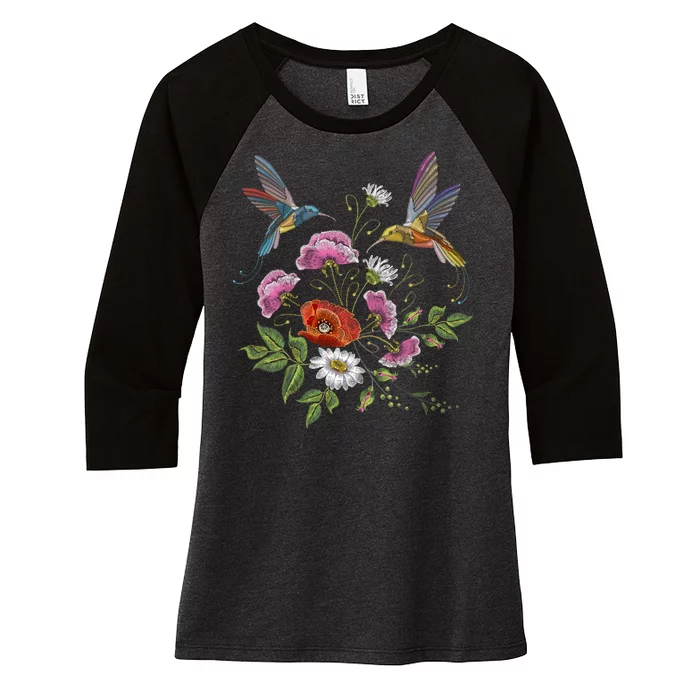 Humming Birds Flowers Women's Tri-Blend 3/4-Sleeve Raglan Shirt