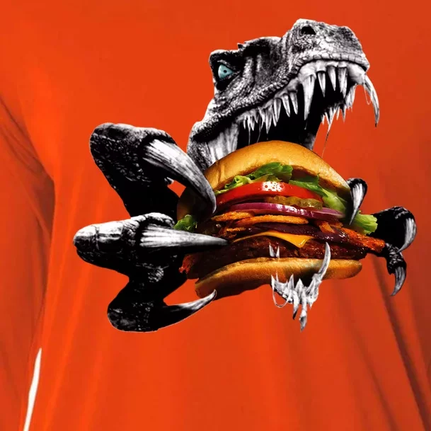 Hungry T-Rex Eating A Burger Cooling Performance Long Sleeve Crew