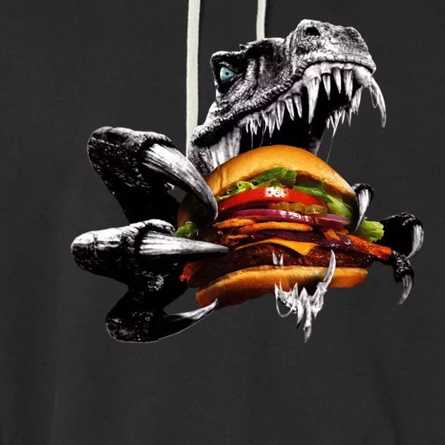 Hungry T-Rex Eating A Burger Garment-Dyed Fleece Hoodie