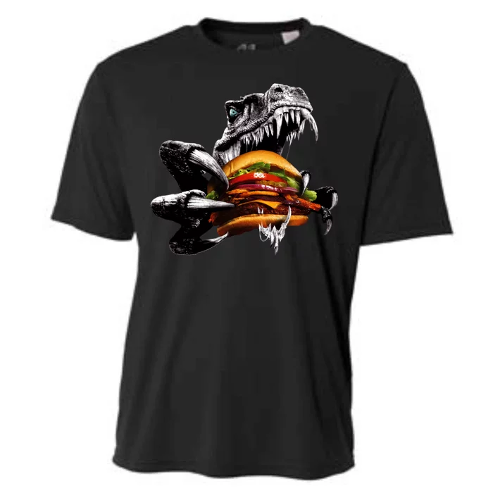 Hungry T-Rex Eating A Burger Cooling Performance Crew T-Shirt