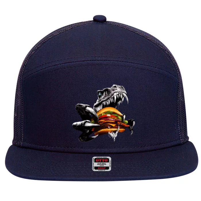 Hungry T-Rex Eating A Burger 7 Panel Mesh Trucker Snapback Hat