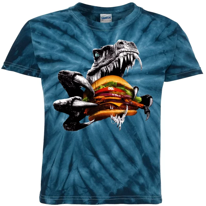 Hungry T-Rex Eating A Burger Kids Tie-Dye T-Shirt