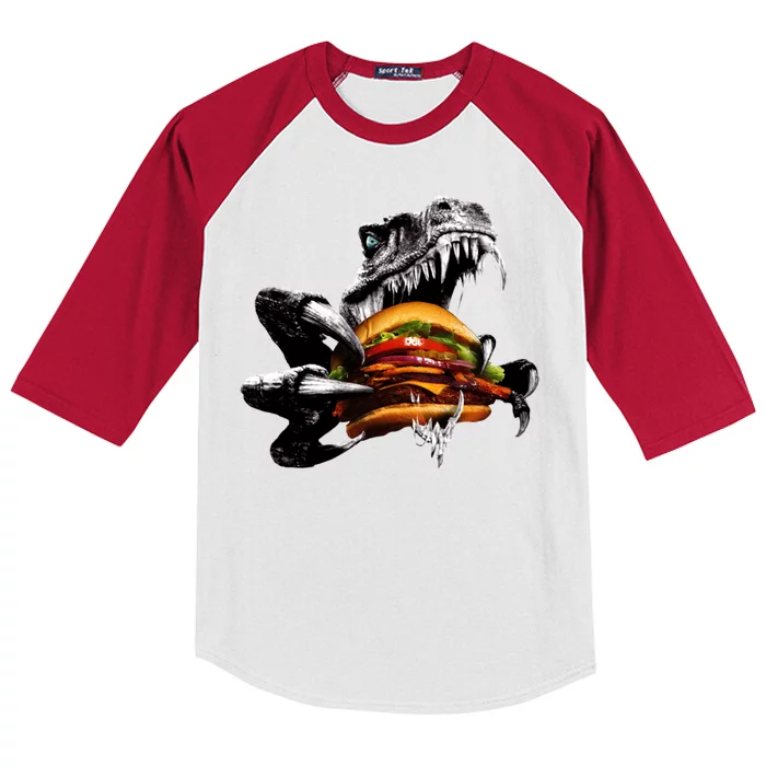 Hungry T-Rex Eating A Burger Kids Colorblock Raglan Jersey