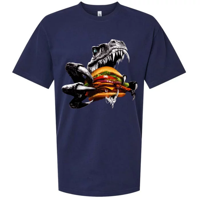 Hungry T-Rex Eating A Burger Sueded Cloud Jersey T-Shirt