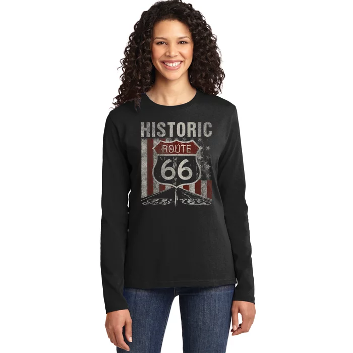 Historic U.S.A. Route 66 Highway Vintage America Road Sign Ladies Long Sleeve Shirt