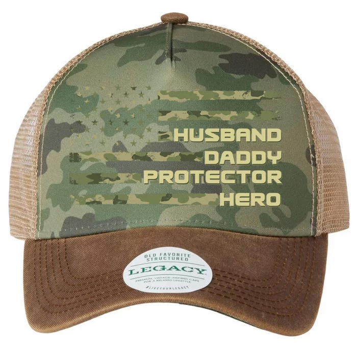 Husband Daddy Protection Hero US American Camo Flag Legacy Tie Dye Trucker Hat