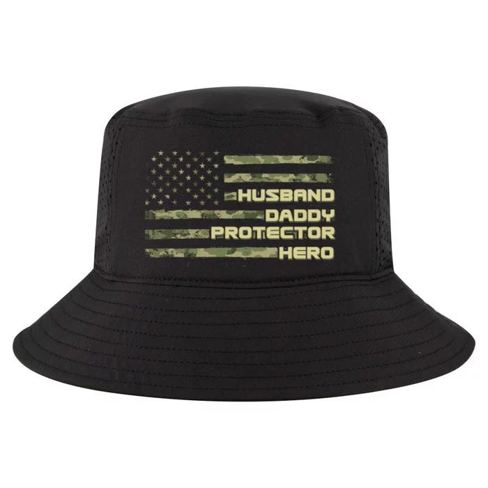 Husband Daddy Protection Hero US American Camo Flag Cool Comfort Performance Bucket Hat