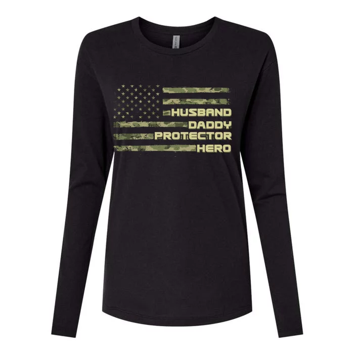 Husband Daddy Protection Hero US American Camo Flag Womens Cotton Relaxed Long Sleeve T-Shirt