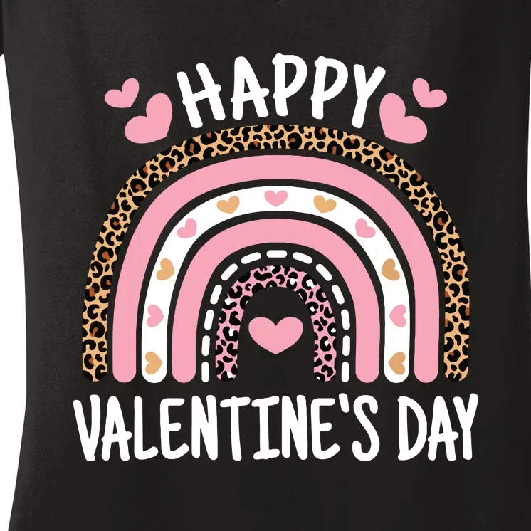 Happy Valentines Day Leopard Rainbow Women's V-Neck T-Shirt