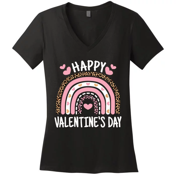 Happy Valentines Day Leopard Rainbow Women's V-Neck T-Shirt