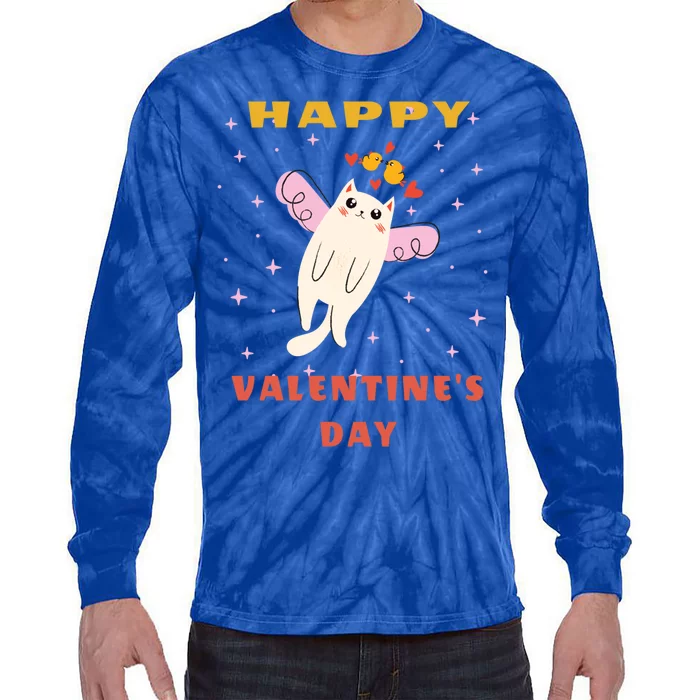 Happy Valentine's Day Love Cat Cool Gift Tie-Dye Long Sleeve Shirt