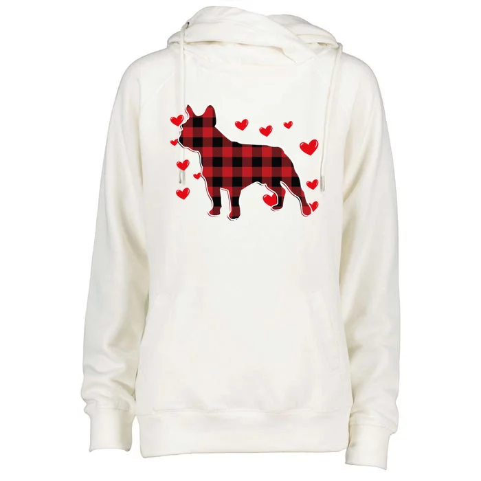 Happy Valentine's Day French Bulldog Red Plaid Heart Cool Gift Womens Funnel Neck Pullover Hood