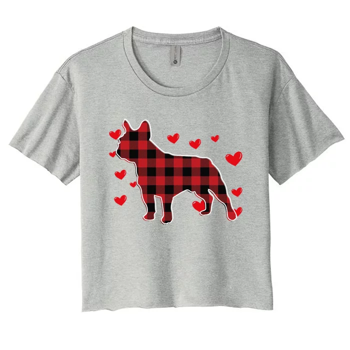 Happy Valentine's Day French Bulldog Red Plaid Heart Cool Gift Women's Crop Top Tee