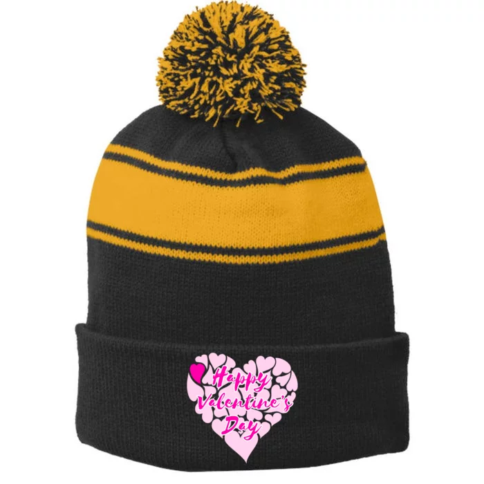 Happy Valentine's Day Heart Shape Logo Stripe Pom Pom Beanie