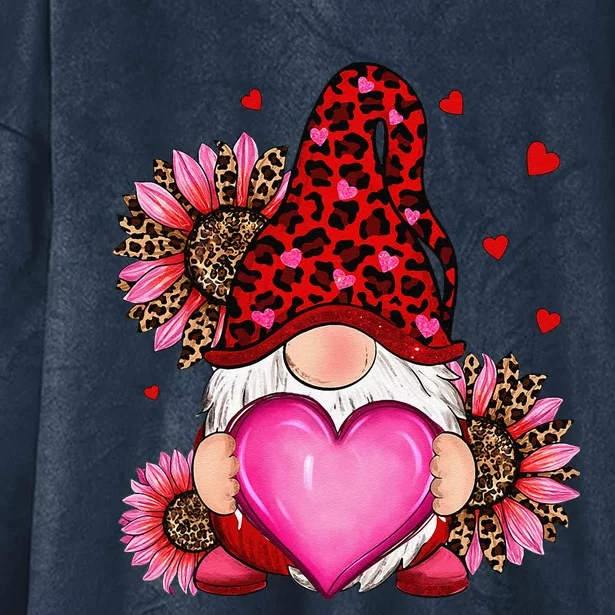 Happy Valentine's Day Gnome Holding Heart Sunflower Leopard Hooded Wearable Blanket