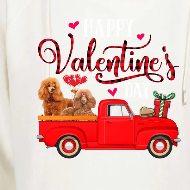 Happy Valentine's Day Funny Red Plaid Truck Poodle Lover Gift Womens Funnel Neck Pullover Hood