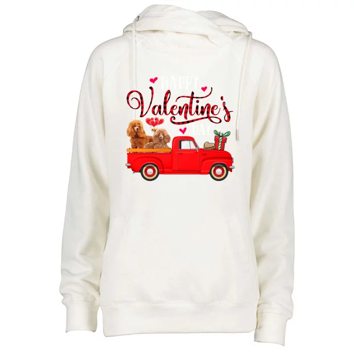 Happy Valentine's Day Funny Red Plaid Truck Poodle Lover Gift Womens Funnel Neck Pullover Hood