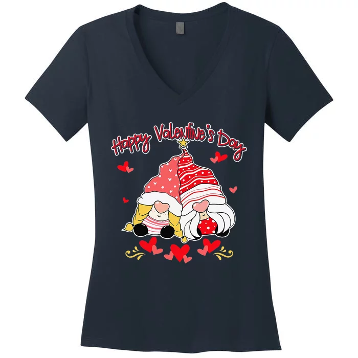 Happy Valentine's Day Gnomes Couple Valentines Day Happy Women's V-Neck T-Shirt