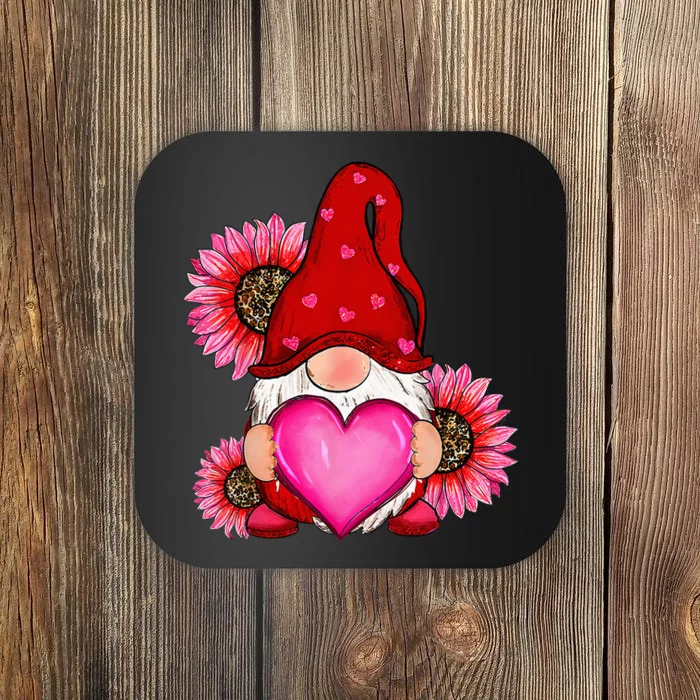 Happy ValentineS Day Gnome With Leopard Sunflower Valentine Coaster