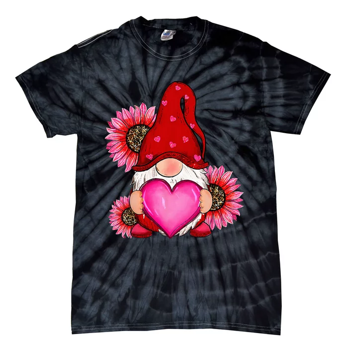 Happy ValentineS Day Gnome With Leopard Sunflower Valentine Tie-Dye T-Shirt