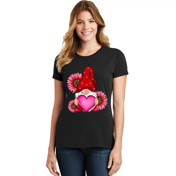 Happy ValentineS Day Gnome With Leopard Sunflower Valentine Women's T-Shirt