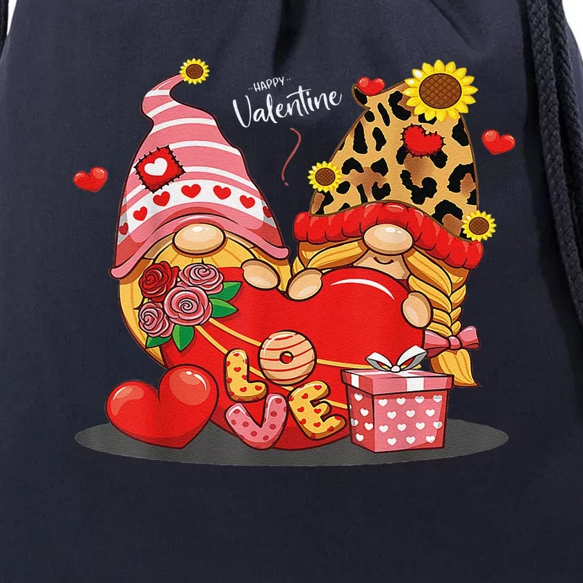 Happy Valentines Day Gnomes With Leopard Sunflower Happy Drawstring Bag