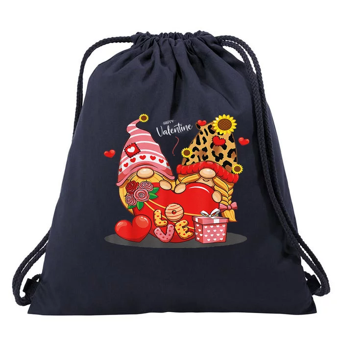 Happy Valentines Day Gnomes With Leopard Sunflower Happy Drawstring Bag