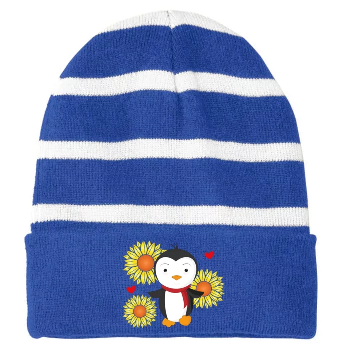 Happy Valentine's Day Penguin With Sunflower Heart Valentine Gift Striped Beanie with Solid Band