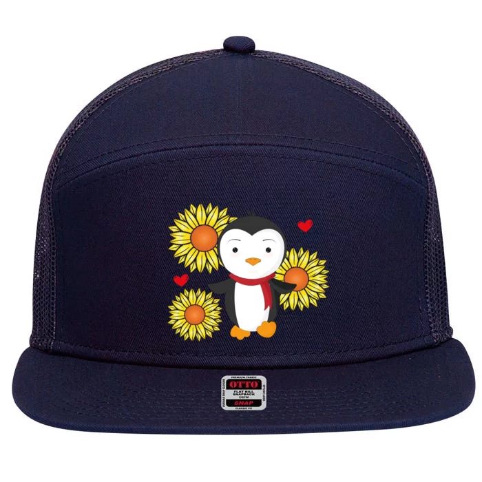 Happy Valentine's Day Penguin With Sunflower Heart Valentine Gift 7 Panel Mesh Trucker Snapback Hat