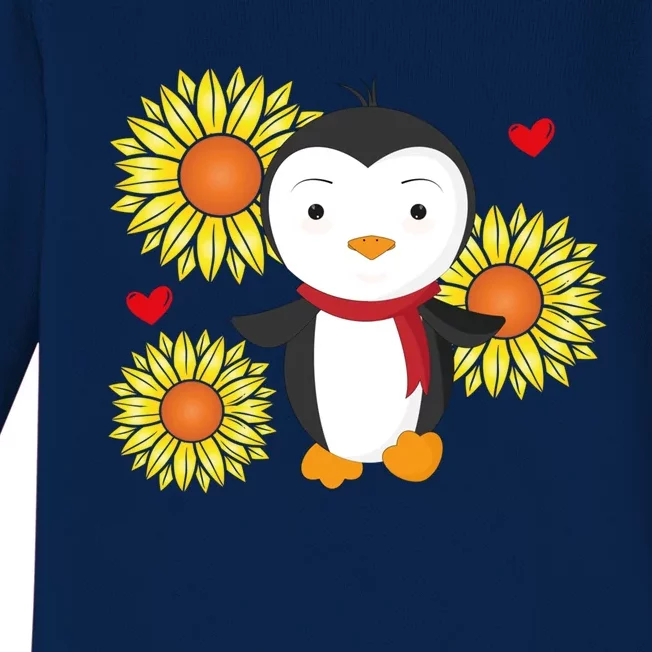 Happy Valentine's Day Penguin With Sunflower Heart Valentine Gift Baby Long Sleeve Bodysuit