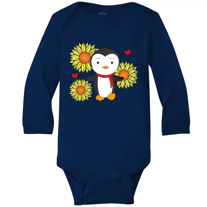 Happy Valentine's Day Penguin With Sunflower Heart Valentine Gift Baby Long Sleeve Bodysuit